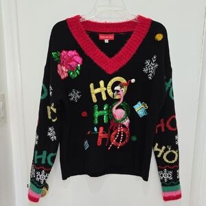 Blizzard Bay Black Holiday V-Neck Sweater with Festive Appliques.  Size M